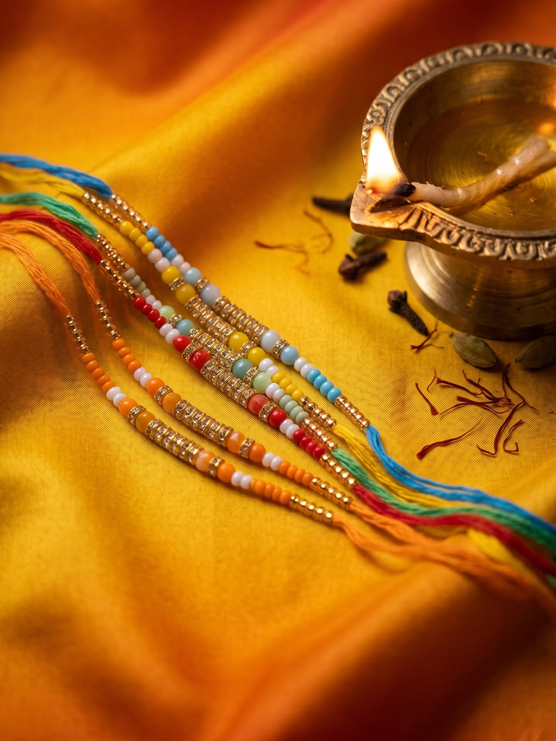 NVR Set of 6 Multi Artificial Beads Thread Rakhi with Roli Chawal Chandan Mishri