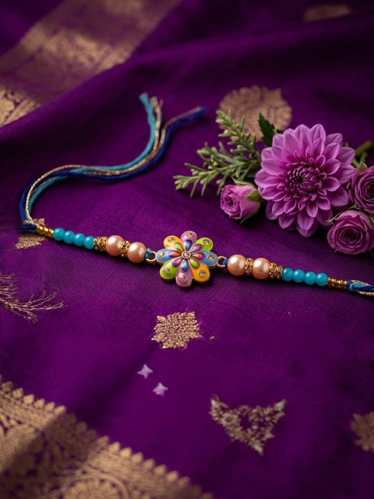 NVR Artificial Beads Flower Shape Multicolor Thread Rakhi with Roli Chawal Chandan Mishri