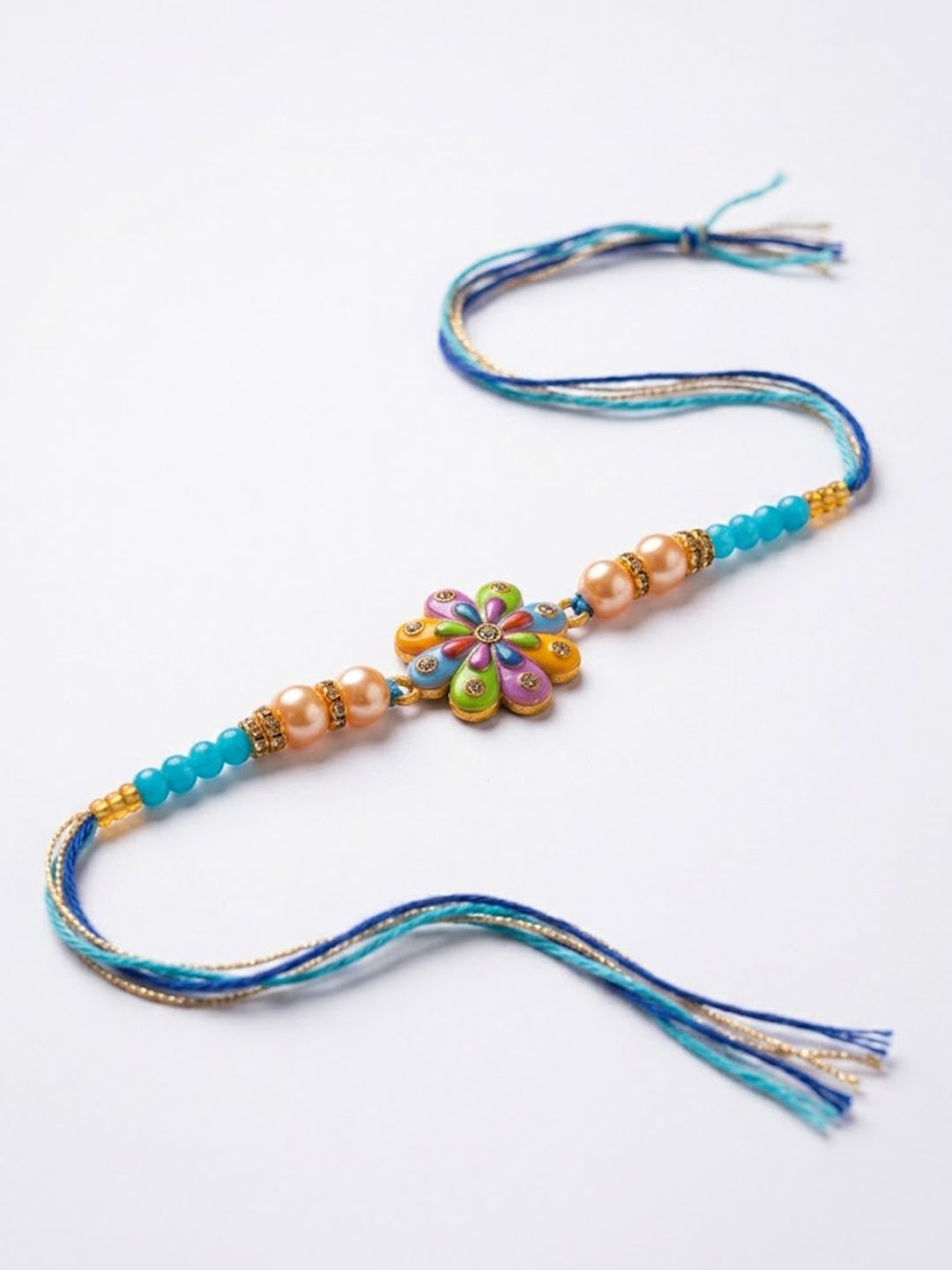 NVR Artificial Beads Flower Shape Multicolor Thread Rakhi with Roli Chawal Chandan Mishri
