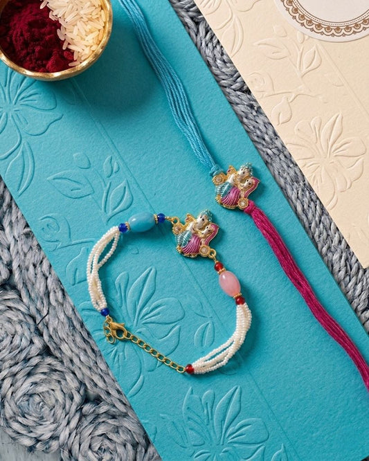 NVR Set of 2 Artificial Beads Radha Krishna Bhaiya Bhabhi Rakhi with Roli Chawal Chandan