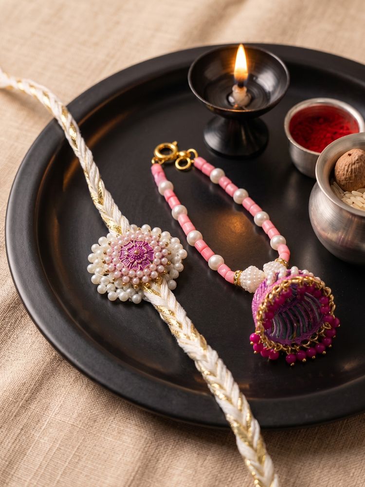 NVR Set of 2 Floral Perals Jhumka Design Bhaiya Bhabhi Rakhi with Roli Chawal Chandan