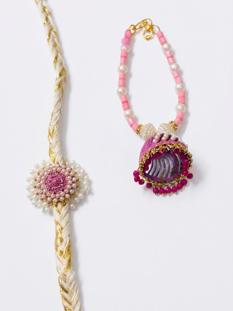 NVR Set of 2 Floral Perals Jhumka Design Bhaiya Bhabhi Rakhi with Roli Chawal Chandan