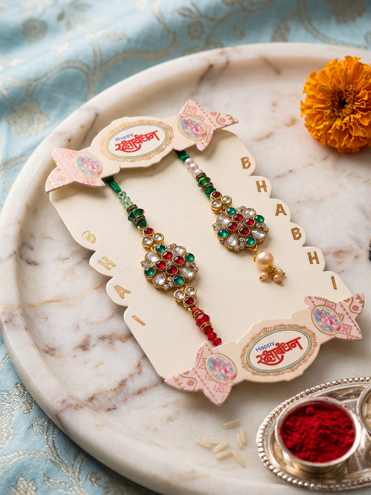 NVR Set of 2 Floral Design Kundan Studded Bhaiya Bhabhi Rakhi With Roli Chawal Chandan