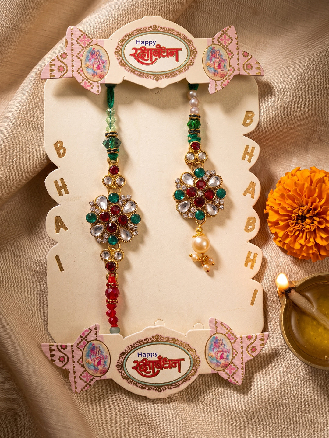 NVR Set of 2 Floral Design Kundan Studded Bhaiya Bhabhi Rakhi With Roli Chawal Chandan