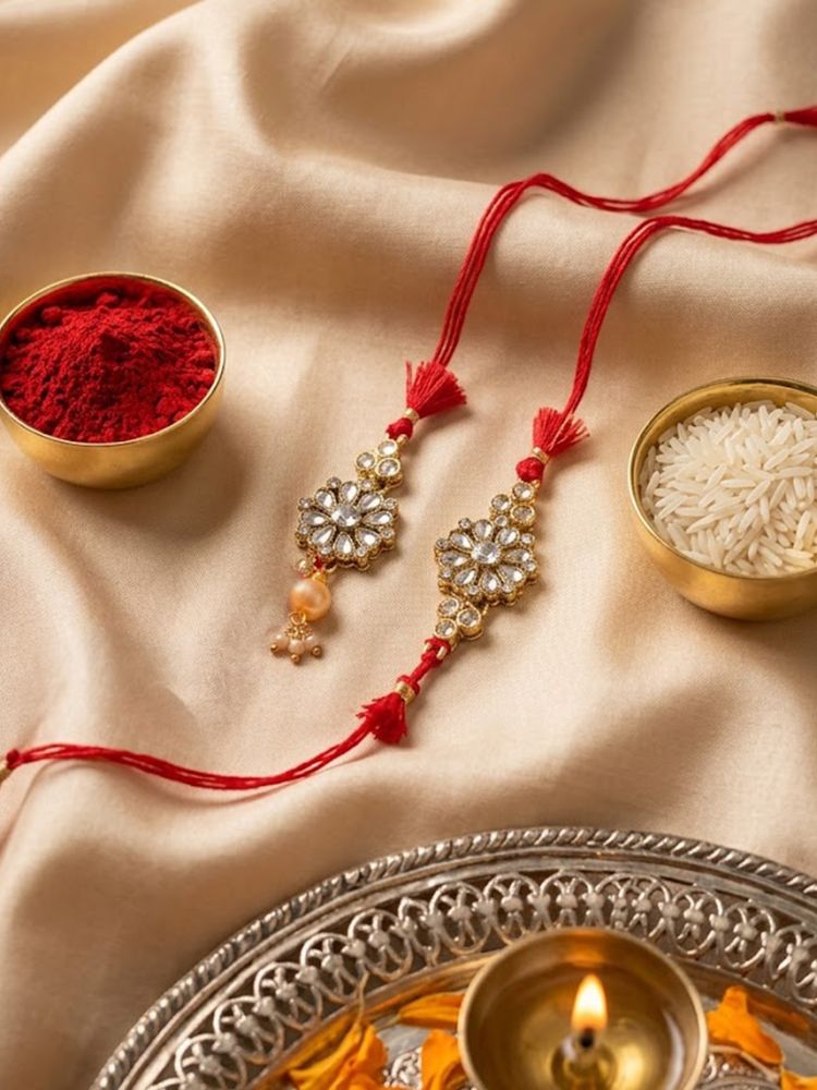 NVR Set of 2 Red Kundan Studded Floral Design Bhaiya Bhabhi Rakhi With Roli Chawal