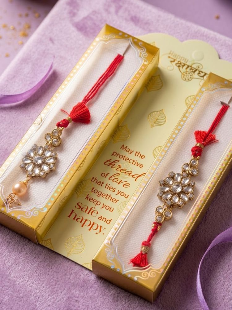 NVR Set of 2 Red Kundan Studded Floral Design Bhaiya Bhabhi Rakhi With Roli Chawal