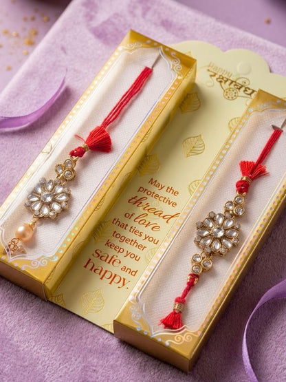 NVR Set of 2 Red Kundan Studded Floral Design Bhaiya Bhabhi Rakhi With Roli Chawal