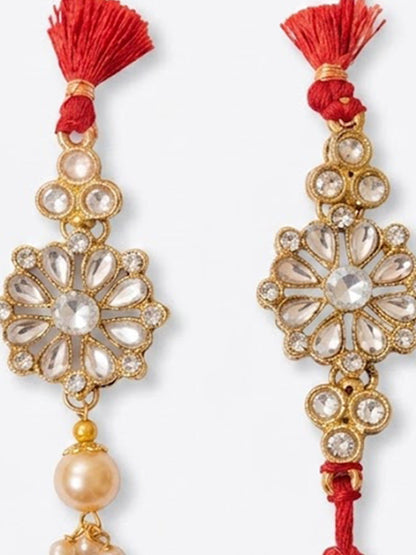 NVR Set of 2 Red Kundan Studded Floral Design Bhaiya Bhabhi Rakhi With Roli Chawal