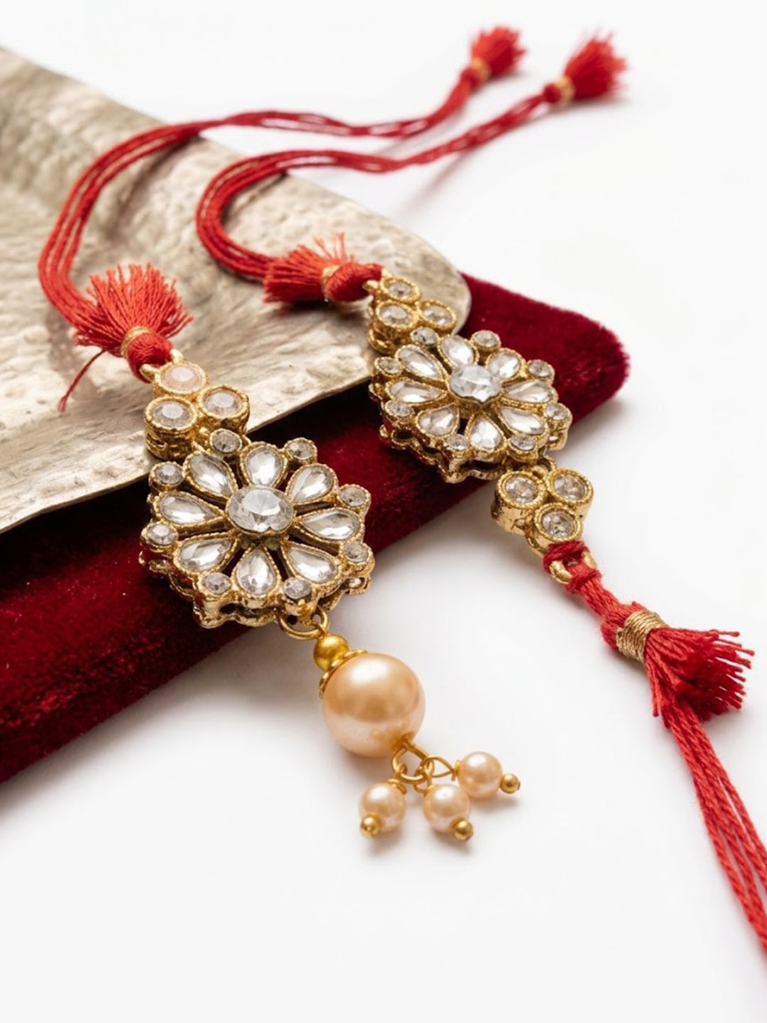 NVR Set of 2 Red Kundan Studded Floral Design Bhaiya Bhabhi Rakhi With Roli Chawal