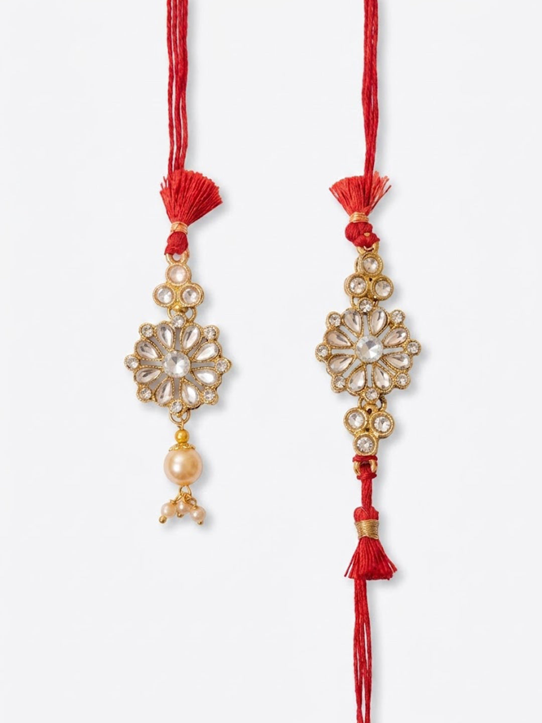 NVR Set of 2 Red Kundan Studded Floral Design Bhaiya Bhabhi Rakhi With Roli Chawal