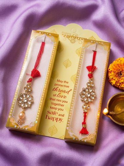 NVR Set of 2 Red Kundan Studded Floral Design Bhaiya Bhabhi Rakhi With Roli Chawal