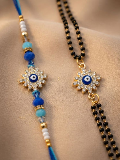 NVR Set of 2 Blue Evil Eye Artificial Stones Bhaiya Bhabhi Rakhi with Roli Chawal Chandan