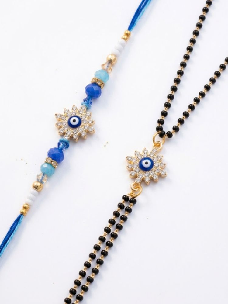 NVR Set of 2 Blue Evil Eye Artificial Stones Bhaiya Bhabhi Rakhi with Roli Chawal Chandan