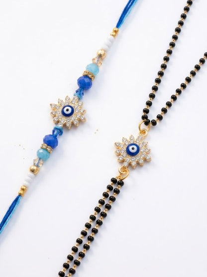 NVR Set of 2 Blue Evil Eye Artificial Stones Bhaiya Bhabhi Rakhi with Roli Chawal Chandan