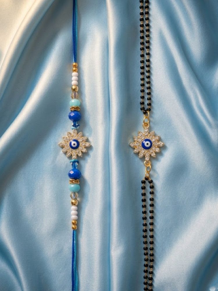 NVR Set of 2 Blue Evil Eye Artificial Stones Bhaiya Bhabhi Rakhi with Roli Chawal Chandan