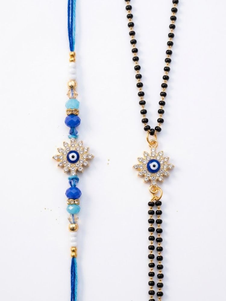 NVR Set of 2 Blue Evil Eye Artificial Stones Bhaiya Bhabhi Rakhi with Roli Chawal Chandan