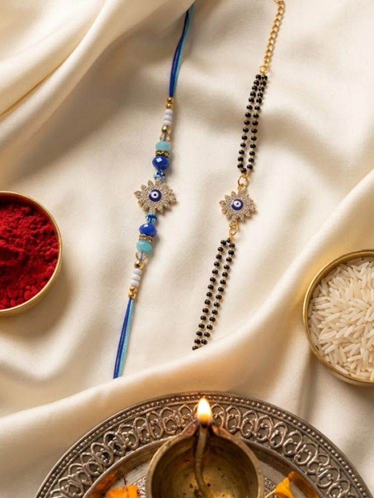 NVR Set of 2 Blue Evil Eye Artificial Stones Bhaiya Bhabhi Rakhi with Roli Chawal Chandan