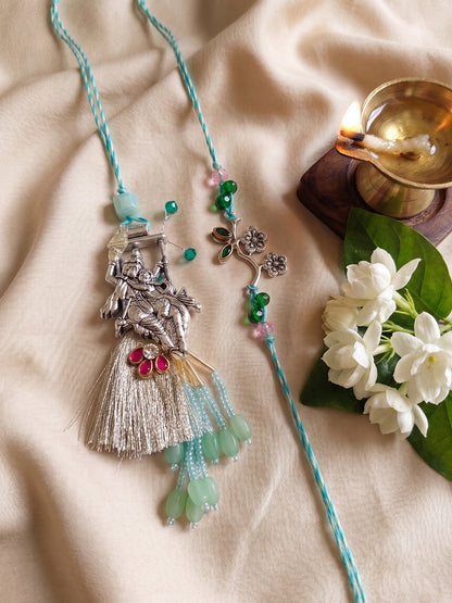 NVR Set of 2 Designer Religious Silver Toned Bhaiya Bhabhi Rakhi with Roli Chawal Chandan