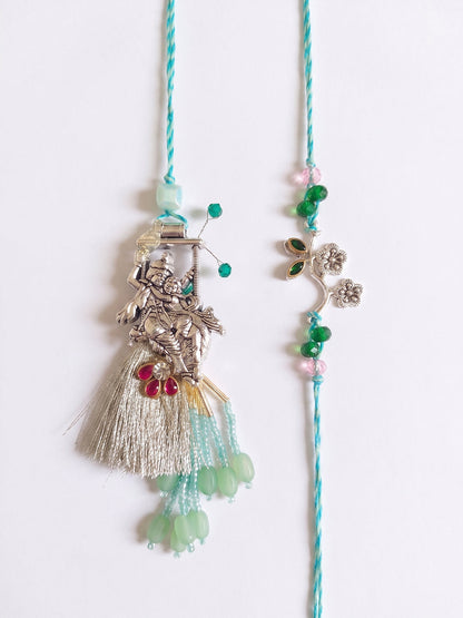 NVR Set of 2 Designer Religious Silver Toned Bhaiya Bhabhi Rakhi with Roli Chawal Chandan
