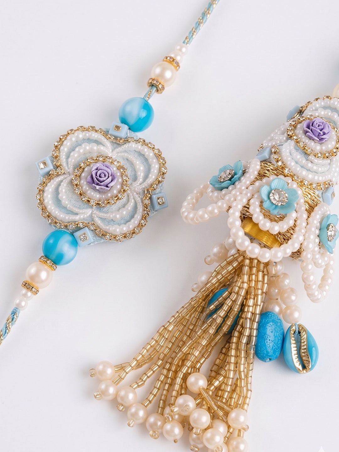 NVR Set of 2 Pearls & Artificial Stones Floral Bhaiya Bhabhi Rakhi with Roli Chawal