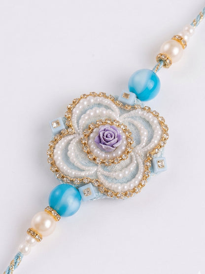 NVR Set of 2 Pearls & Artificial Stones Floral Bhaiya Bhabhi Rakhi with Roli Chawal