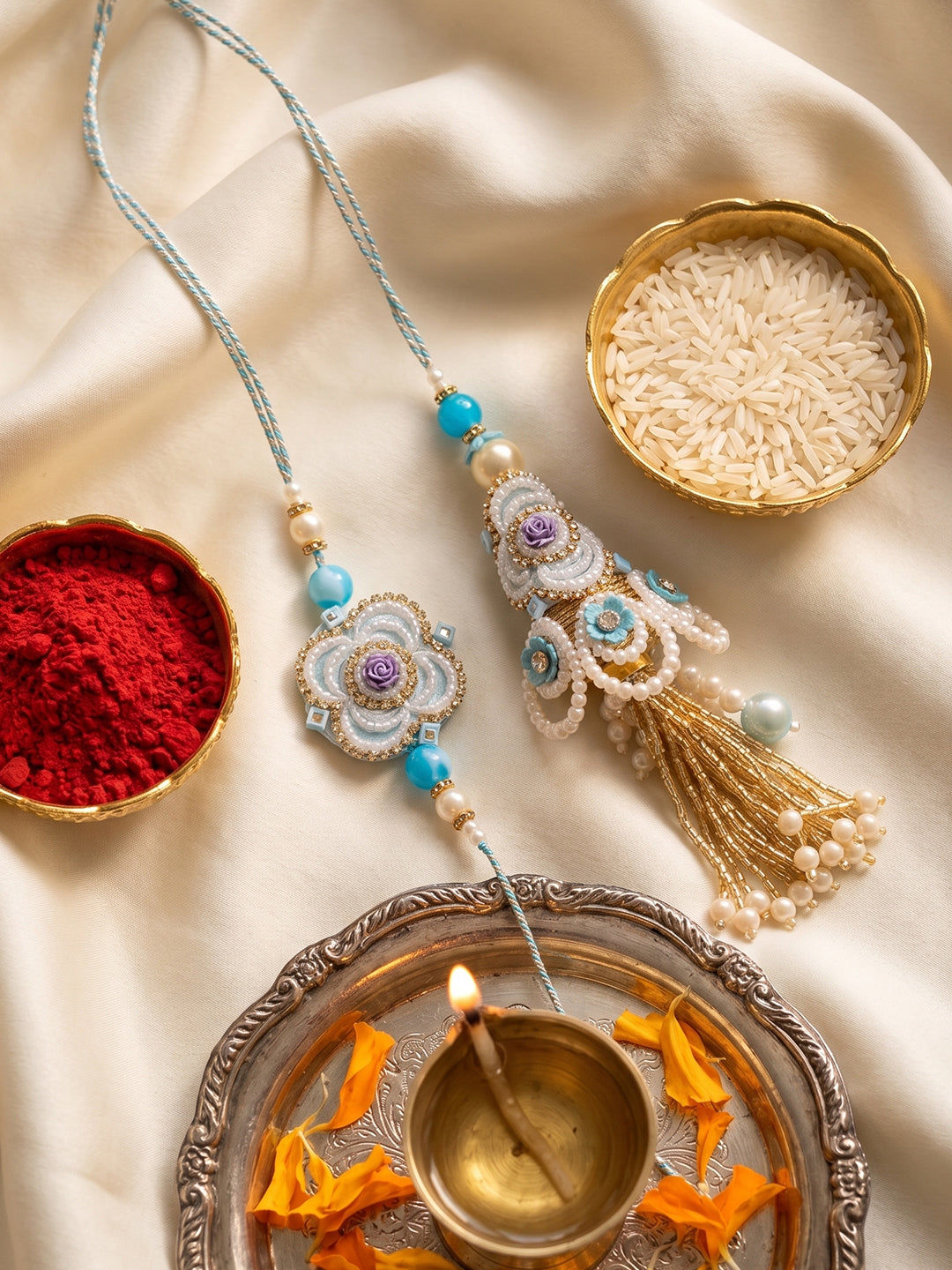 NVR Set of 2 Pearls & Artificial Stones Floral Bhaiya Bhabhi Rakhi with Roli Chawal