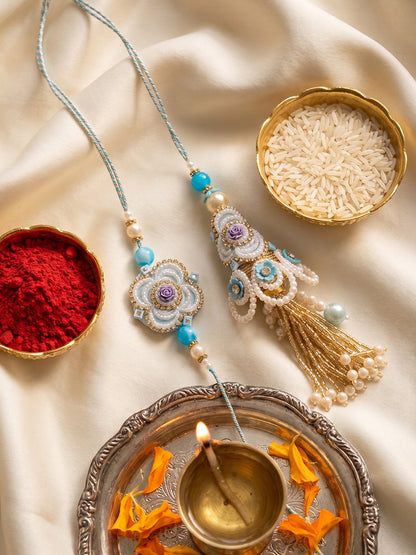 NVR Set of 2 Pearls & Artificial Stones Floral Bhaiya Bhabhi Rakhi with Roli Chawal