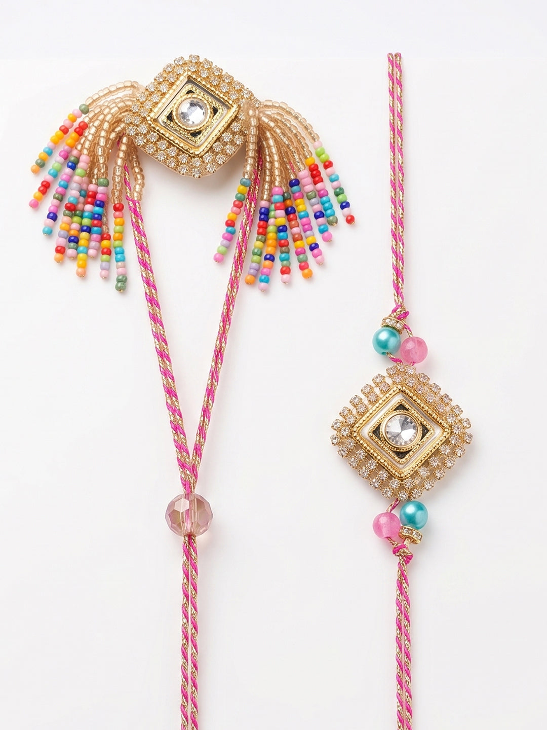 NVR Set of 2 White Artificial Stones Golden Toned Bhaiya Bhabhi Rakhi With Roli Chawal