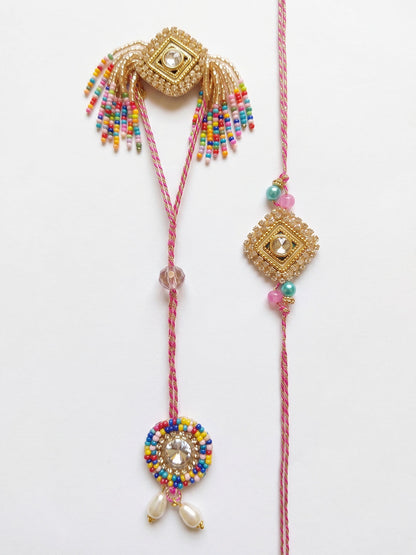 NVR Set of 2 White Artificial Stones Golden Toned Bhaiya Bhabhi Rakhi With Roli Chawal