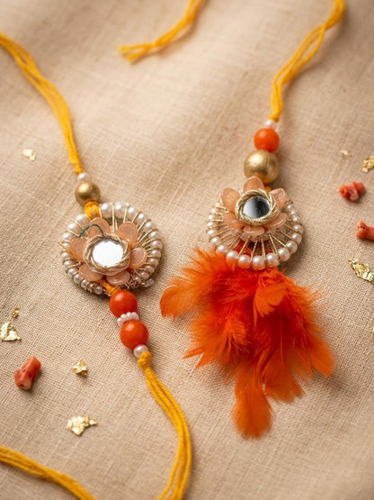 NVR Set of 4 Yellow Artificial Beads & White Pearls Bhaiya Bhabhi Rakhi With Roli Chawal