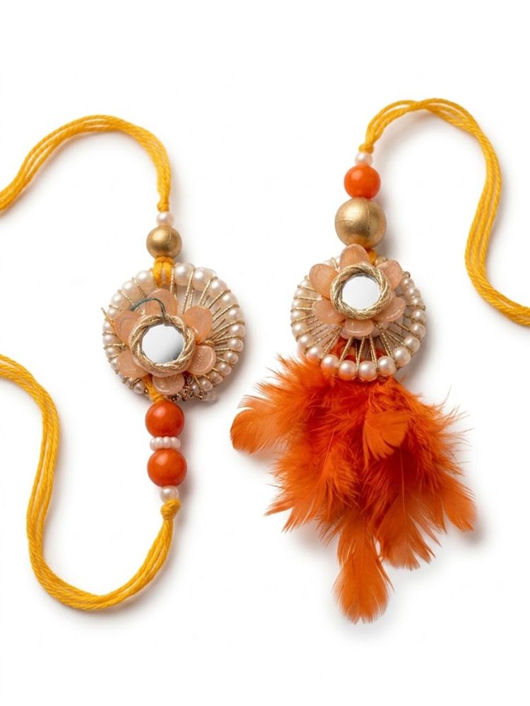 NVR Set of 4 Yellow Artificial Beads & White Pearls Bhaiya Bhabhi Rakhi With Roli Chawal