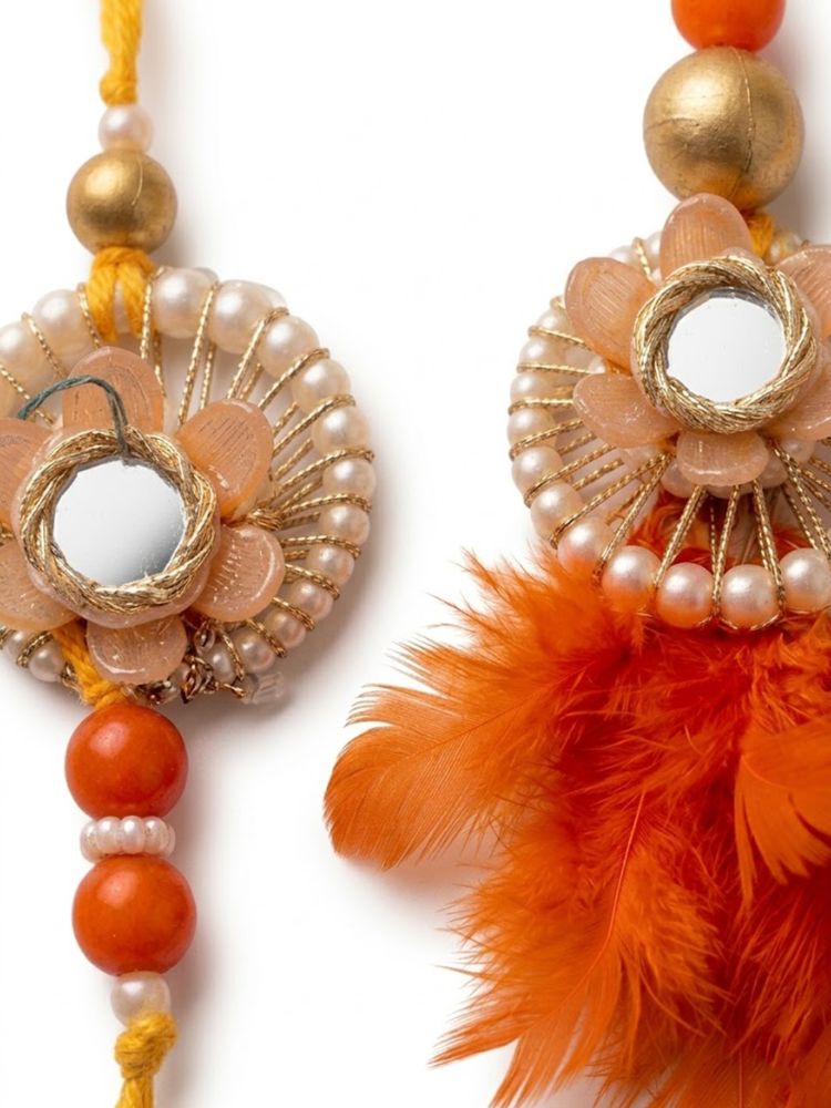 NVR Set of 4 Yellow Artificial Beads & White Pearls Bhaiya Bhabhi Rakhi With Roli Chawal