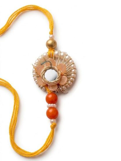 NVR Set of 4 Yellow Artificial Beads & White Pearls Bhaiya Bhabhi Rakhi With Roli Chawal