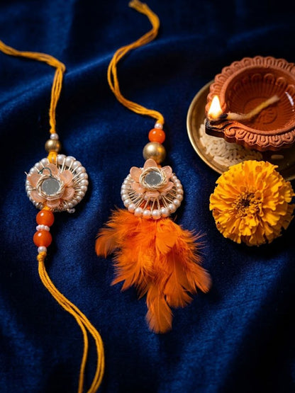 NVR Set of 4 Yellow Artificial Beads & White Pearls Bhaiya Bhabhi Rakhi With Roli Chawal