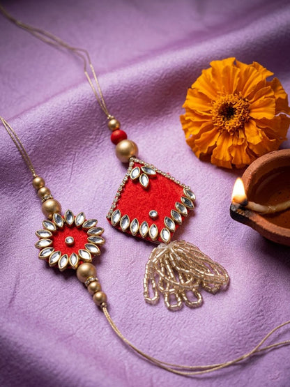 NVR Set of 2 Kundan Studded & Artificial Stones Bhaiya Bhabhi Rakhi with Roli Chawal