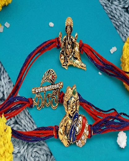 NVR Set of 3 Multicolor Religious Thread Rakhi with Roli Chawal Chandan Mishri