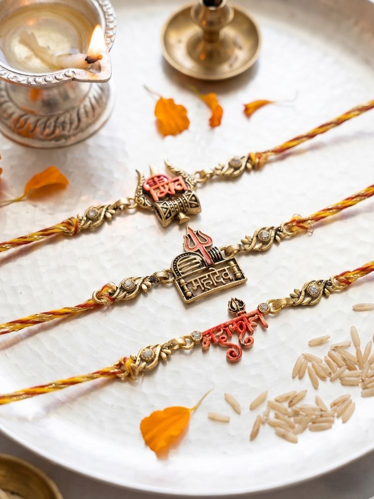 NVR Set of 3 Multicolor Mahadev Divine Thread Rakhi with Roli Chawal Chandan Mishri