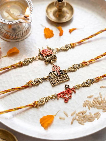 NVR Set of 3 Multicolor Mahadev Divine Thread Rakhi with Roli Chawal Chandan Mishri