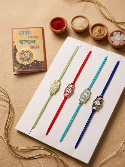 NVR Set of 4 Multicolor Heart Shape Thread Rakhi with Roli Chawal Chandan Mishri