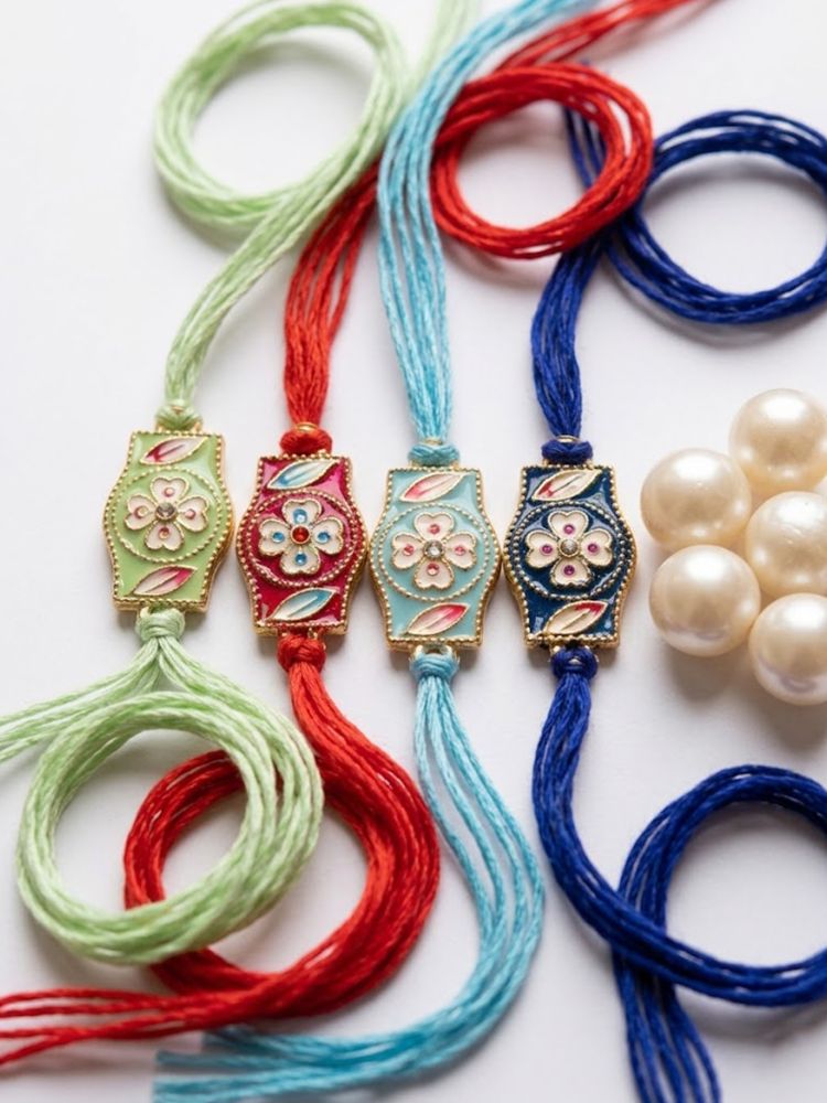NVR Set of 4 Multicolor Heart Shape Thread Rakhi with Roli Chawal Chandan Mishri