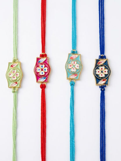 NVR Set of 4 Multicolor Heart Shape Thread Rakhi with Roli Chawal Chandan Mishri