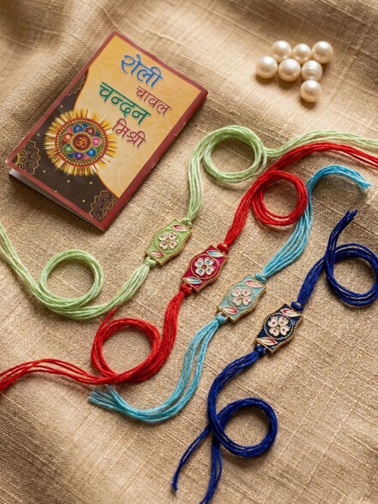 NVR Set of 4 Multicolor Heart Shape Thread Rakhi with Roli Chawal Chandan Mishri