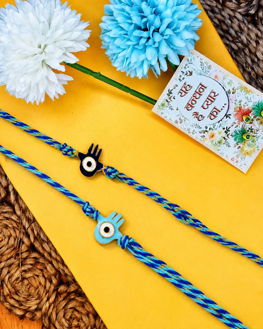 NVR Set of 2 Evil Eye & Blue Thread Rakhi with Roli Chawal Chandan Mishri