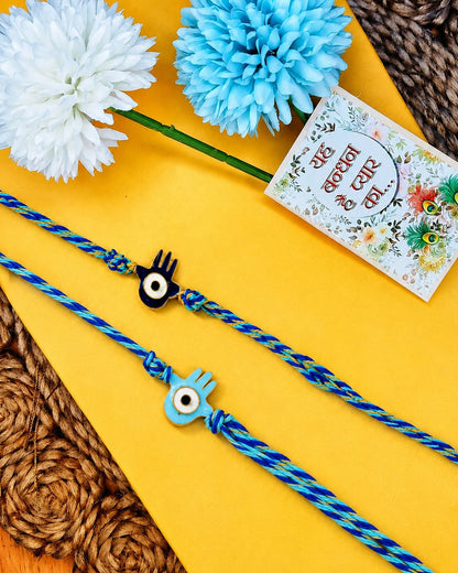 NVR Set of 2 Evil Eye & Blue Thread Rakhi with Roli Chawal Chandan Mishri