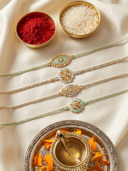 NVR Set of 4 White Artificial Stones & Green Thread Rakhi with Roli Chawal Chandan Mishri