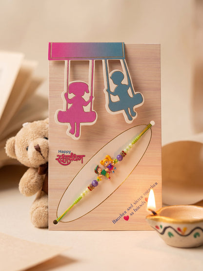 NVR Kids Multicolor Artificial Beads Thread Rakhi with Roli Chawal Chandan Chandan Mishri
