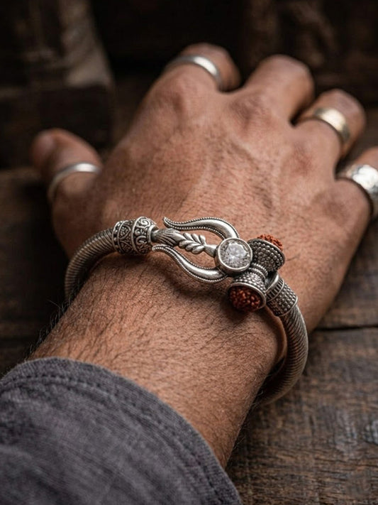 NVR Silver Plated Trishool Design Rudraksh Rakhi Bracelet with Roli Chawal Chandan Mishri