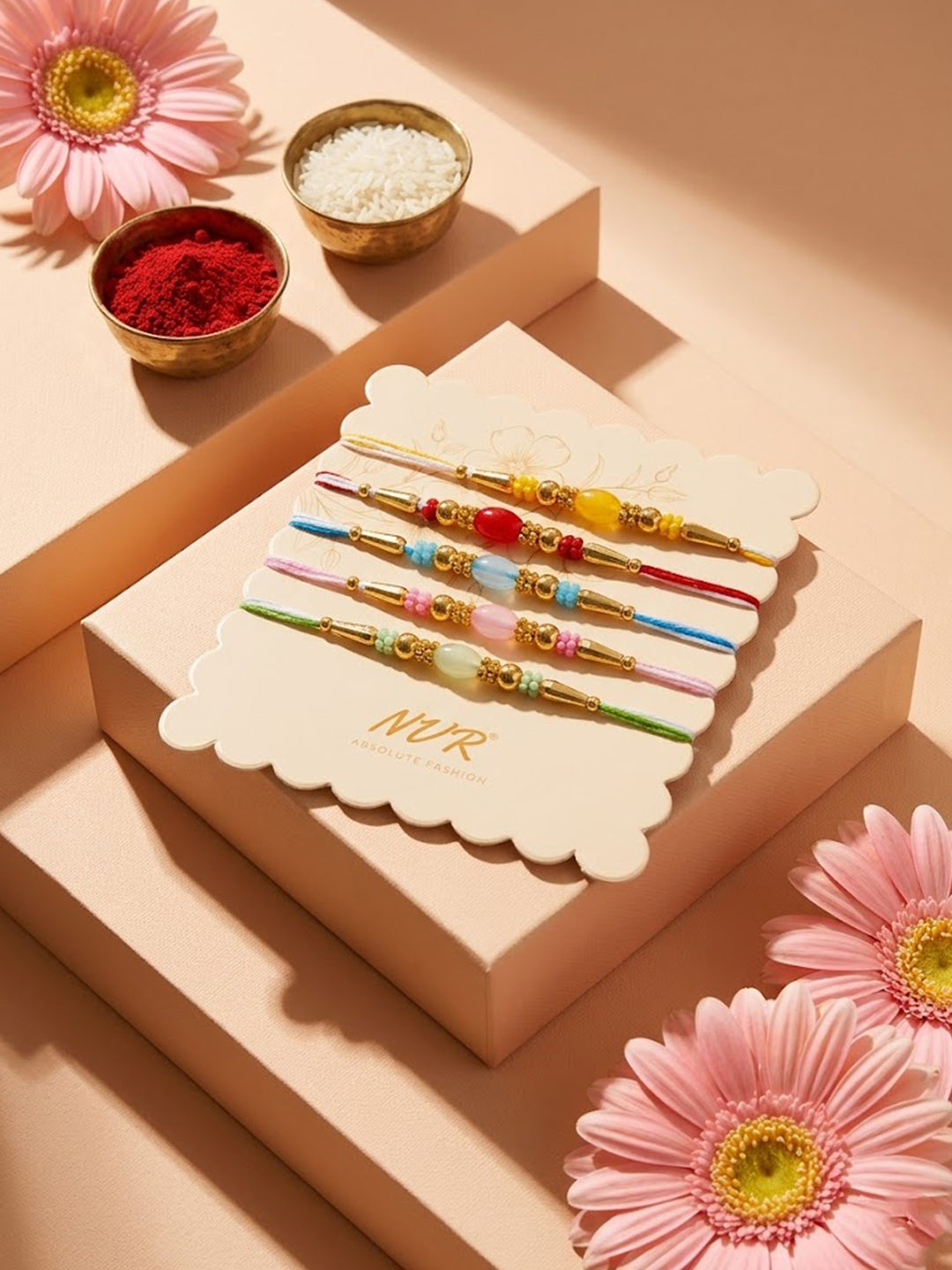 NVR Set of 5 Multi Artificial Beads Thread Rakhi with Roli Chawal Chandan Mishri