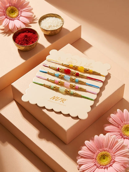 NVR Set of 5 Multi Artificial Beads Thread Rakhi with Roli Chawal Chandan Mishri
