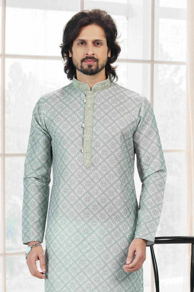 Raivat Ethnic Cotton Thread Work Kurta Pajama In Light Green Colour